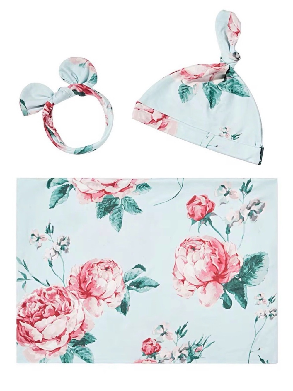 3-Piece Newborn Swaddle Set | Knotted Hat & Bow Headband | Mint Floral